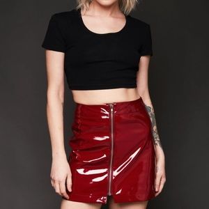 Red Glossy Faux Leather Patent Zipper Mini Skirt